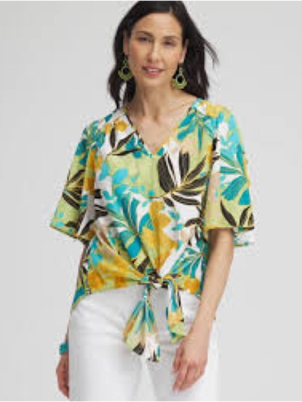 Chico's Tropical Leaf Print Blouse in Teal, Mustard & Black
